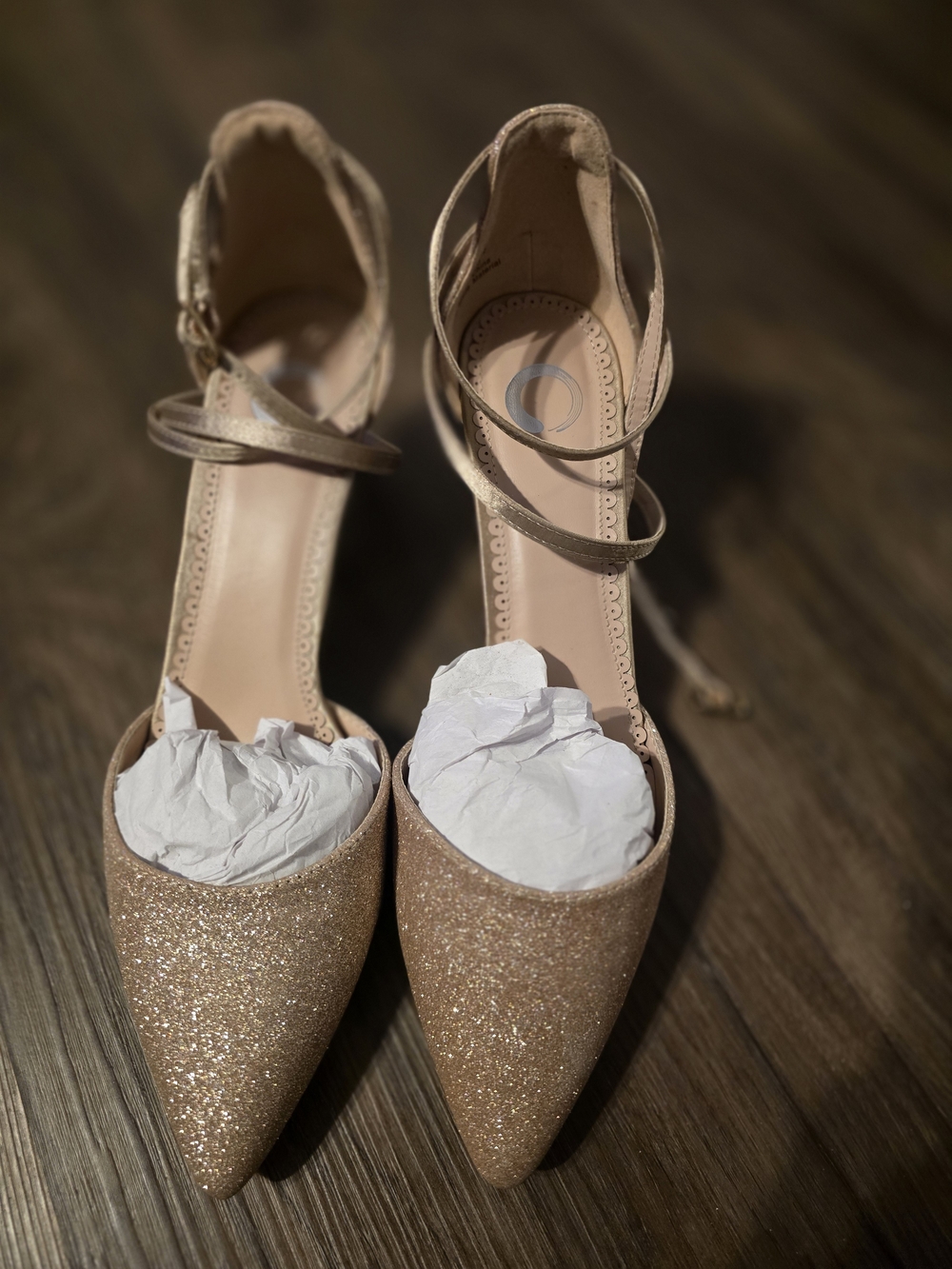 Journee Collection Glitter Pointed-Toe Ankle-Strap Heels in Rose Gold